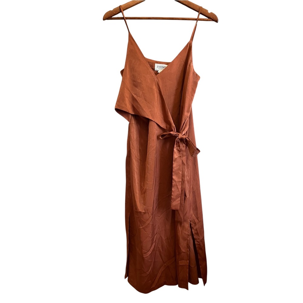 EVIDNT Wrap Midi Dress Womens Small Rust Copper Excellent Satin Tie Slit V-Neck